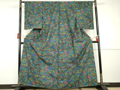 平和屋着物●上質な小紋　紬地　型染め　草花文　正絹　逸品　未使用　AABI0054cs