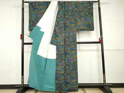平和屋着物●上質な小紋　紬地　型染め　草花文　正絹　逸品　未使用　AABI0054cs