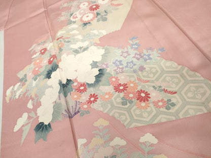 平和屋着物▽訪問着　単衣　友禅　地紙草花文　正絹　逸品　AABI0068cs