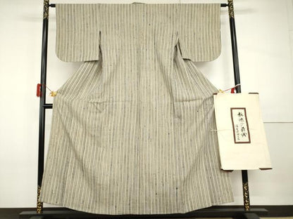 平和屋着物▽浦野理一　経節紬　単衣　縞　たとう紙付き　正絹　逸品　AABI0072cs
