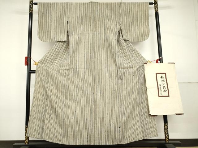 平和屋着物▽浦野理一　経節紬　単衣　縞　たとう紙付き　正絹　逸品　AABI0072cs
