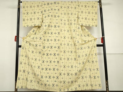平和屋着物▽上質な紬　単衣　琉球絣文様　正絹　逸品　AABI0074cs