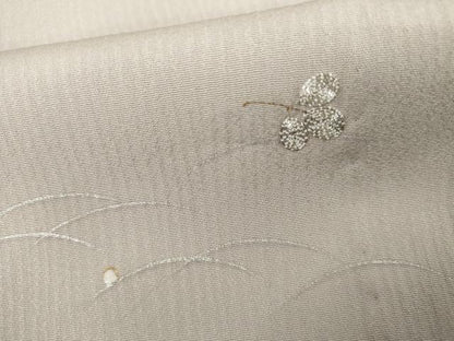 平和屋着物▽訪問着　単衣　駒刺繍　露芝に萩　牡丹鼠色地　金銀彩　正絹　逸品　AABI0075cs