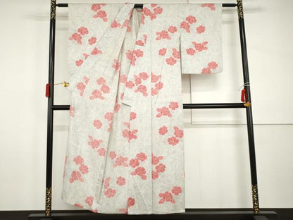平和屋着物▽上質な小紋　単衣　草花文　正絹　逸品　AABI0080cs