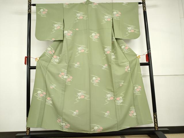 平和屋着物▽小紋　単衣　流水枝花文　洗える着物　AABI0081cs