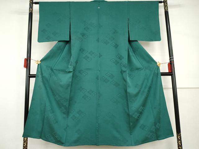 平和屋着物▽上質な色無地　単衣　花菱地紋　木賊色　正絹　逸品　AABI0086cs