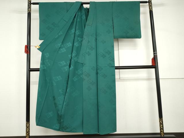平和屋着物▽上質な色無地　単衣　花菱地紋　木賊色　正絹　逸品　AABI0086cs