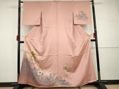 平和屋着物▽訪問着　単衣　雪輪花唐草　草木シルエット　金彩　正絹　逸品　AABI0089cs