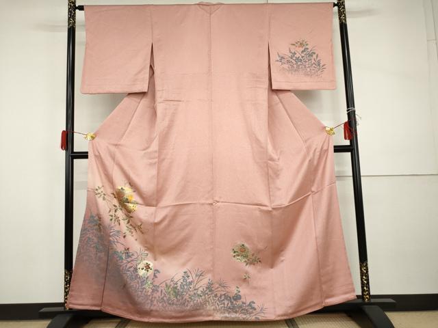 平和屋着物▽訪問着　単衣　雪輪花唐草　草木シルエット　金彩　正絹　逸品　AABI0089cs