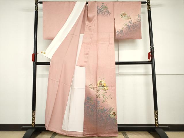 平和屋着物▽訪問着　単衣　雪輪花唐草　草木シルエット　金彩　正絹　逸品　AABI0089cs