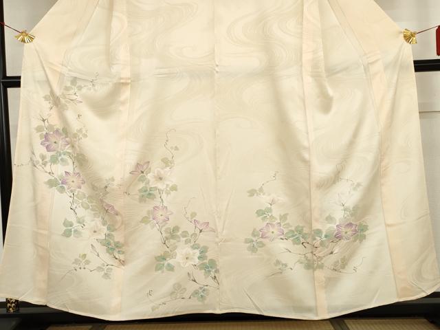 平和屋着物▽訪問着　単衣　手描き　流水花唐草文　正絹　逸品　AABI0093cs