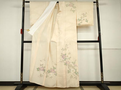 平和屋着物▽訪問着　単衣　手描き　流水花唐草文　正絹　逸品　AABI0093cs