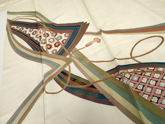 平和屋着物▽訪問着　単衣　友禅　駒刺繍　亀甲花文　金彩　正絹　逸品　AABI0099cs