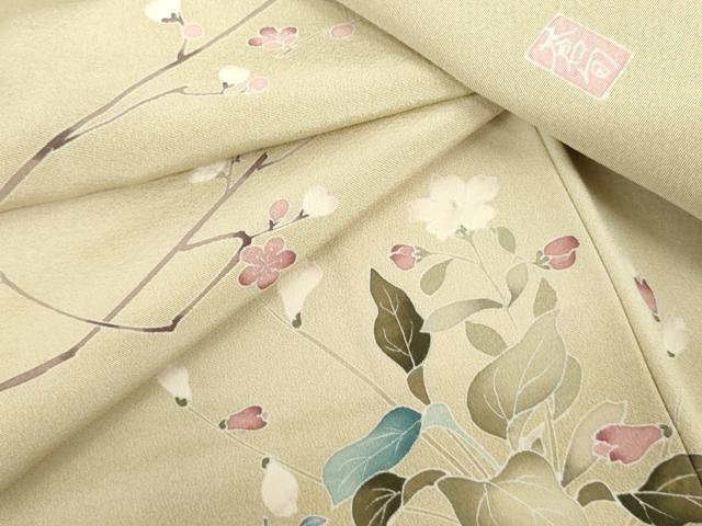 平和屋着物●訪問着　友禅　作家物 蒼旬　枝梅　暈し染め　正絹　逸品　AABI0102cs