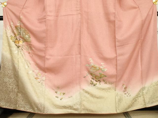 平和屋着物●訪問着　駒刺繍　御所車扇面花文　暈し染め　金彩　正絹　逸品　AABI0106cs