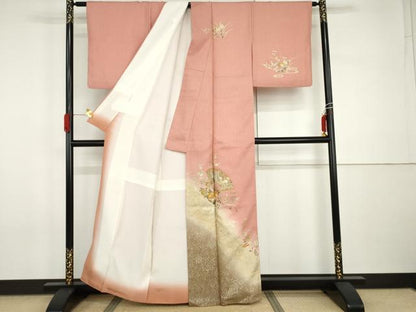 平和屋着物●訪問着　駒刺繍　御所車扇面花文　暈し染め　金彩　正絹　逸品　AABI0106cs