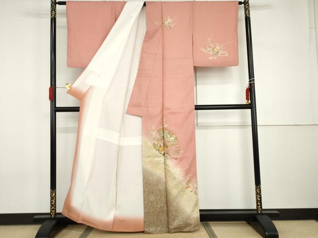 平和屋着物●訪問着　駒刺繍　御所車扇面花文　暈し染め　金彩　正絹　逸品　AABI0106cs