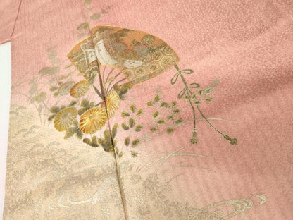 平和屋着物●訪問着　駒刺繍　御所車扇面花文　暈し染め　金彩　正絹　逸品　AABI0106cs