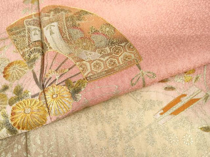 平和屋着物●訪問着　駒刺繍　御所車扇面花文　暈し染め　金彩　正絹　逸品　AABI0106cs