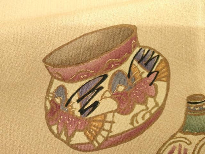 平和屋着物●上質な小紋　背抜き仕立て　本苔染　陶器鳥文　金彩　浜ちりめん　反端付き　正絹　逸品　未使用　AABI0109cs