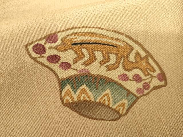 平和屋着物●上質な小紋　背抜き仕立て　本苔染　陶器鳥文　金彩　浜ちりめん　反端付き　正絹　逸品　未使用　AABI0109cs