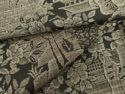 平和屋着物●本場大島紬　カタス9マルキ　風景草花文　黒地　正絹　逸品　AABI0115cs