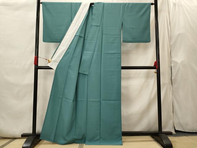 平和屋着物▽色無地　単衣　紋意匠　青碧色　洗える着物　AABI0128st