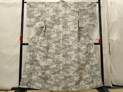 平和屋着物▽上質な紬 　単衣　雲取り花文 　正絹　逸品　未使用　AABI0138st