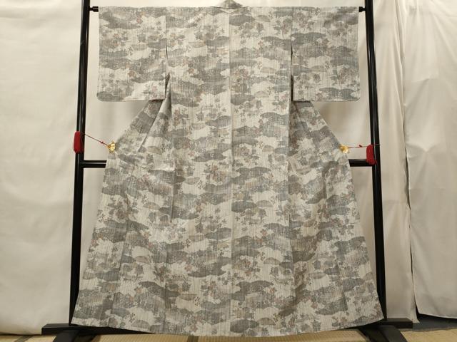 平和屋着物▽上質な紬 　単衣　雲取り花文 　正絹　逸品　未使用　AABI0138st