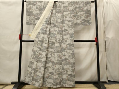 平和屋着物▽上質な紬 　単衣　雲取り花文 　正絹　逸品　未使用　AABI0138st
