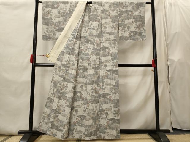 平和屋着物▽上質な紬 　単衣　雲取り花文 　正絹　逸品　未使用　AABI0138st