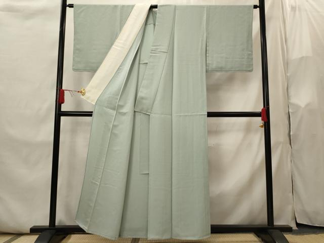 平和屋着物▽上質な色無地　単衣　青海波地紋　青磁鼠色　正絹　逸品　AABI0156st