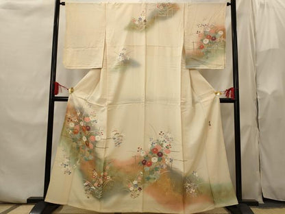 平和屋着物▽訪問着　単衣　友禅　作家物　駒刺繍　草花文　暈し染め　金彩　正絹　逸品　AABI0165st