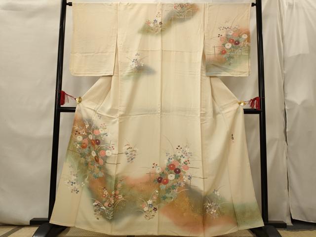 平和屋着物▽訪問着　単衣　友禅　作家物　駒刺繍　草花文　暈し染め　金彩　正絹　逸品　AABI0165st