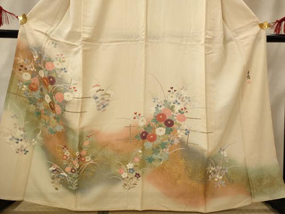 平和屋着物▽訪問着　単衣　友禅　作家物　駒刺繍　草花文　暈し染め　金彩　正絹　逸品　AABI0165st