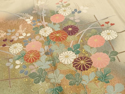 平和屋着物▽訪問着　単衣　友禅　作家物　駒刺繍　草花文　暈し染め　金彩　正絹　逸品　AABI0165st