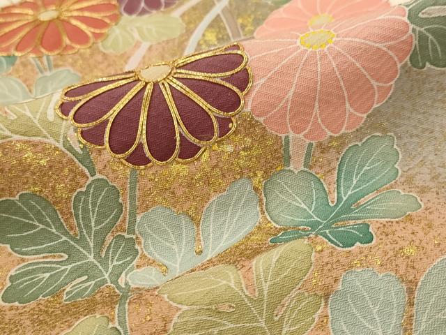 平和屋着物▽訪問着　単衣　友禅　作家物　駒刺繍　草花文　暈し染め　金彩　正絹　逸品　AABI0165st