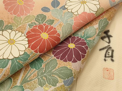 平和屋着物▽訪問着　単衣　友禅　作家物　駒刺繍　草花文　暈し染め　金彩　正絹　逸品　AABI0165st