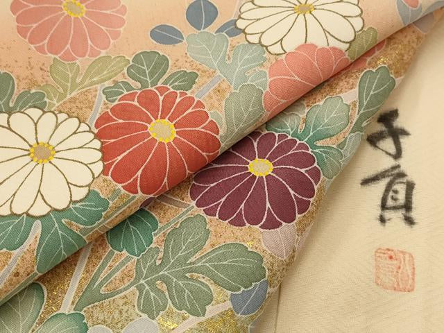 平和屋着物▽訪問着　単衣　友禅　作家物　駒刺繍　草花文　暈し染め　金彩　正絹　逸品　AABI0165st