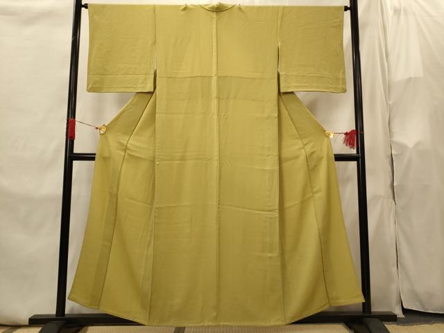 平和屋着物▽上質な色無地　単衣　紋意匠　青朽葉色　正絹　逸品　AABI0167st