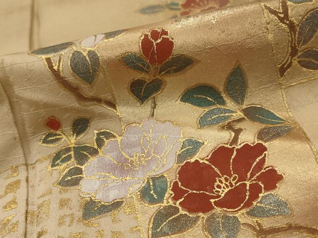 平和屋着物▽訪問着　単衣　色紙花文　暈し染め　金彩　正絹　逸品　AABI0168st