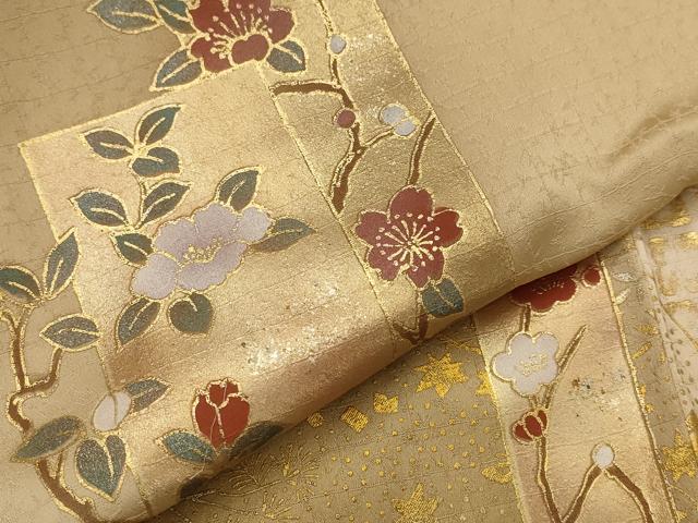 平和屋着物▽訪問着　単衣　色紙花文　暈し染め　金彩　正絹　逸品　AABI0168st