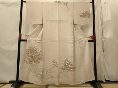 平和屋着物▽訪問着　単衣　友禅　風景花松文　金糸　正絹　逸品　AABI0169st