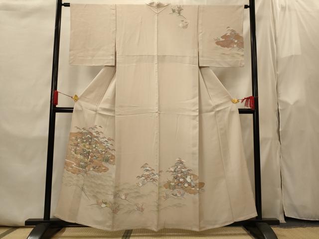 平和屋着物▽訪問着　単衣　友禅　風景花松文　金糸　正絹　逸品　AABI0169st