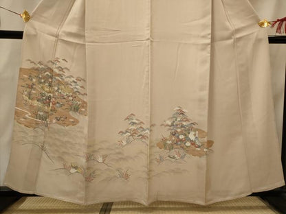 平和屋着物▽訪問着　単衣　友禅　風景花松文　金糸　正絹　逸品　AABI0169st