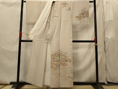 平和屋着物▽訪問着　単衣　友禅　風景花松文　金糸　正絹　逸品　AABI0169st