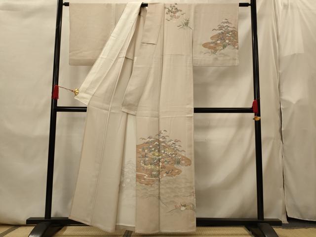 平和屋着物▽訪問着　単衣　友禅　風景花松文　金糸　正絹　逸品　AABI0169st