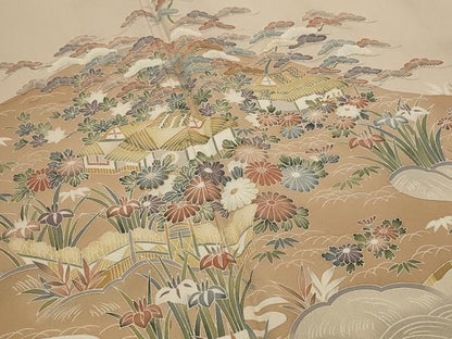 平和屋着物▽訪問着　単衣　友禅　風景花松文　金糸　正絹　逸品　AABI0169st