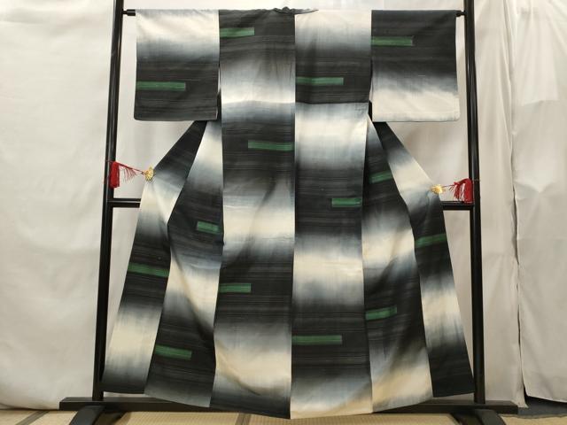 平和屋着物▽上質な紬　単衣　横段文　正絹　逸品　AABI0173st