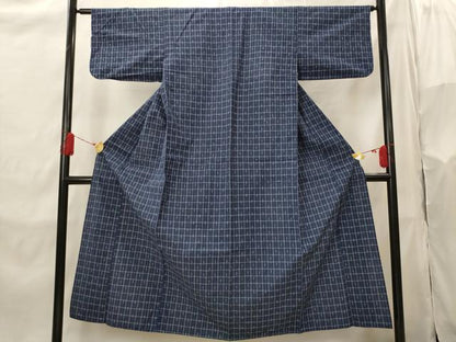 平和屋着物▽上質な紬　単衣　格子　正絹　逸品　AABI0178st